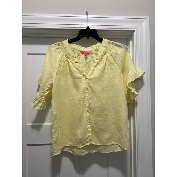Lilly Pulitzer Tayla linen top Creme Fraiche Lemon Yellow Buttons Size Small - Picture 2 of 6